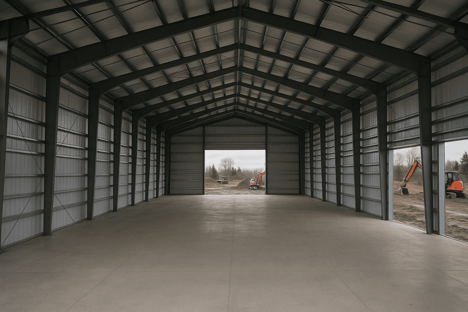 Interior view of a clear-span steel building showing rigid frame columns purlins and girts
