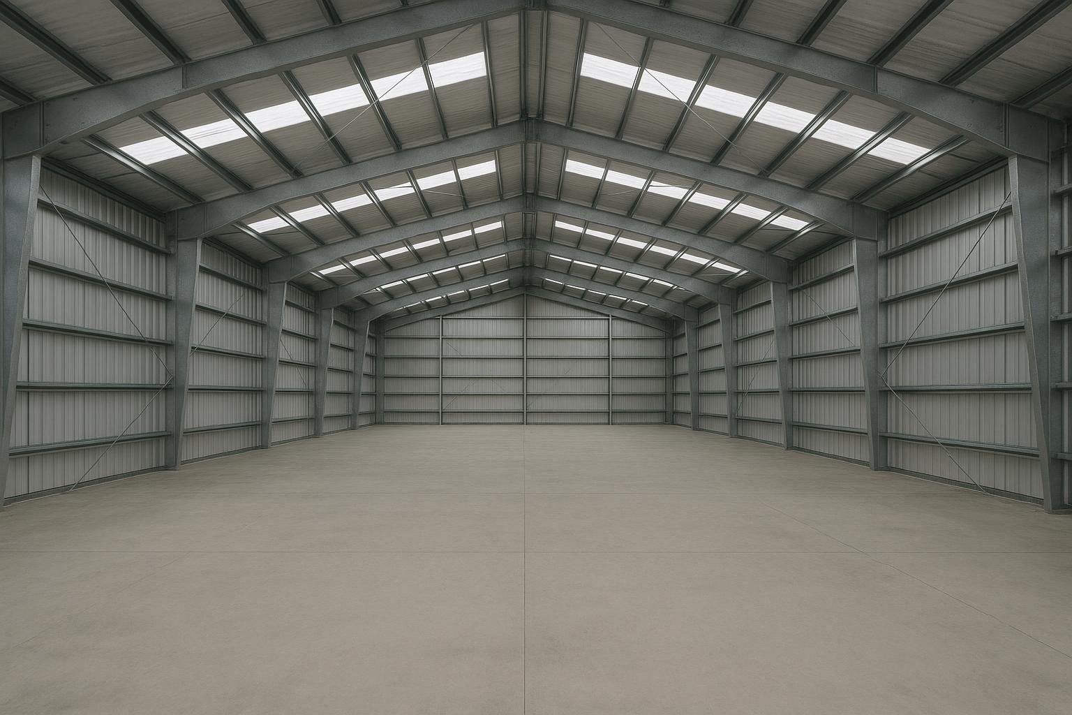Interior view of a clear-span steel building showing rigid frames, purlins and girts