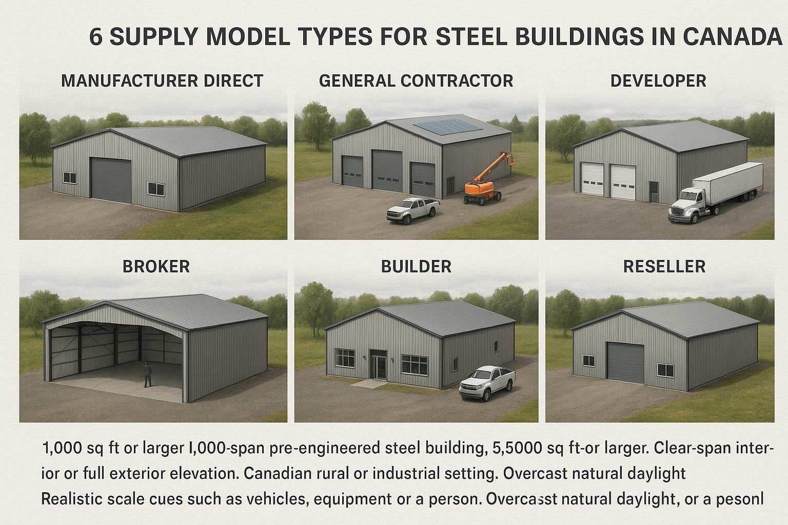 Diagram illustrating six steel building supply model types available in Canada