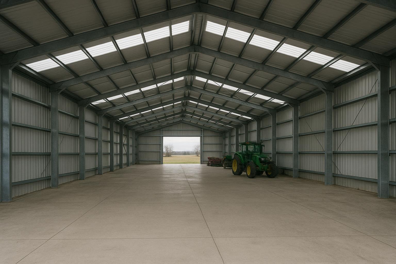 Clear-span interior of a steel farm building showing unobstructed floor space and purlins overhead