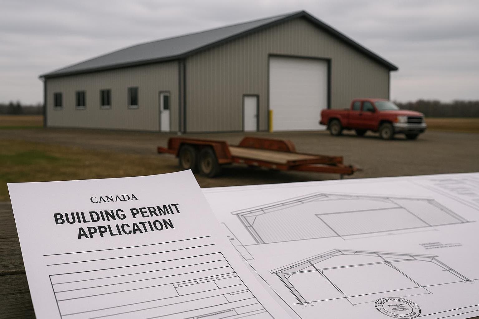 Stamped engineering drawings and building permit documents for a steel farm building