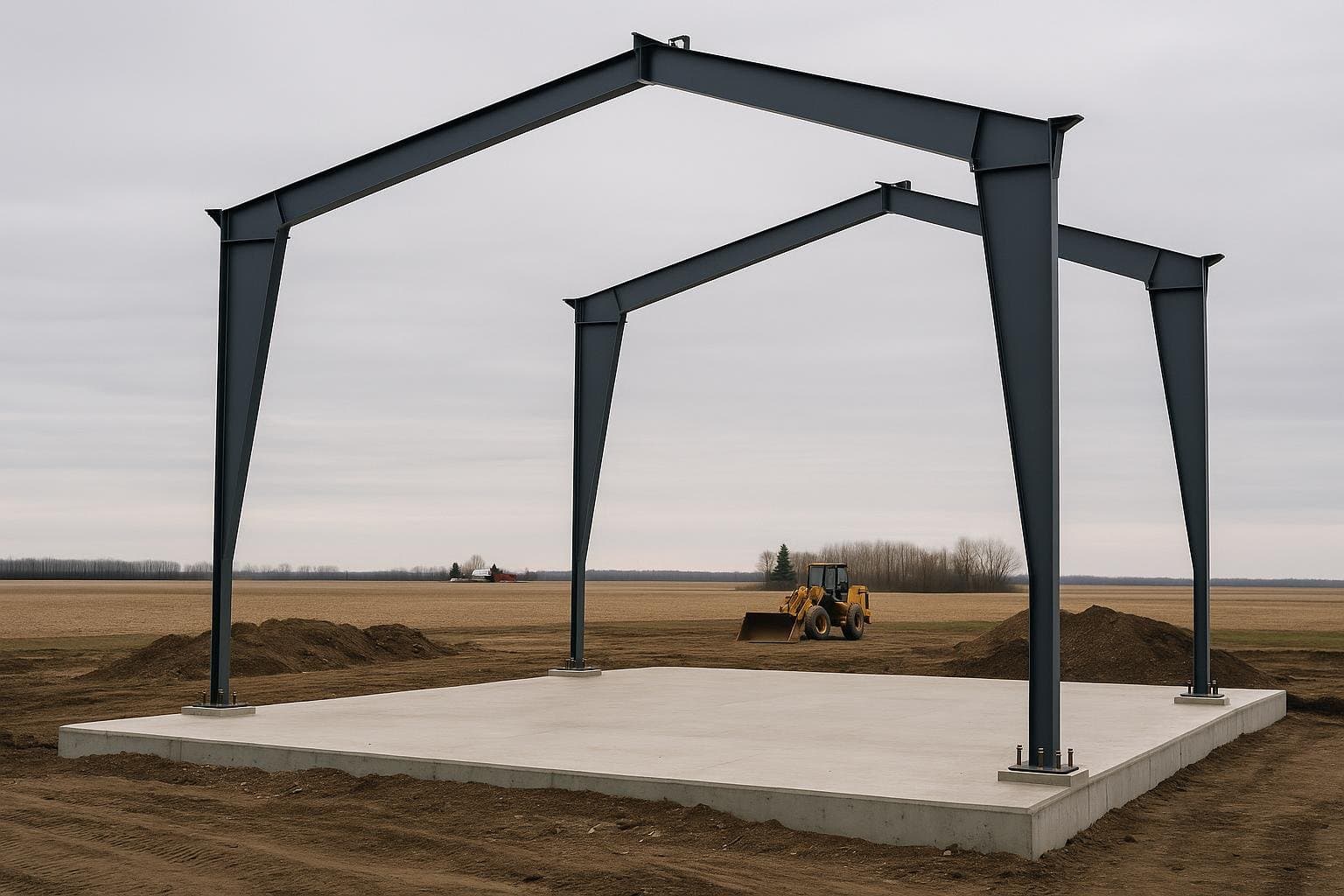 Steel rigid frames being erected for a farm building on a Canadian agricultural property in summer