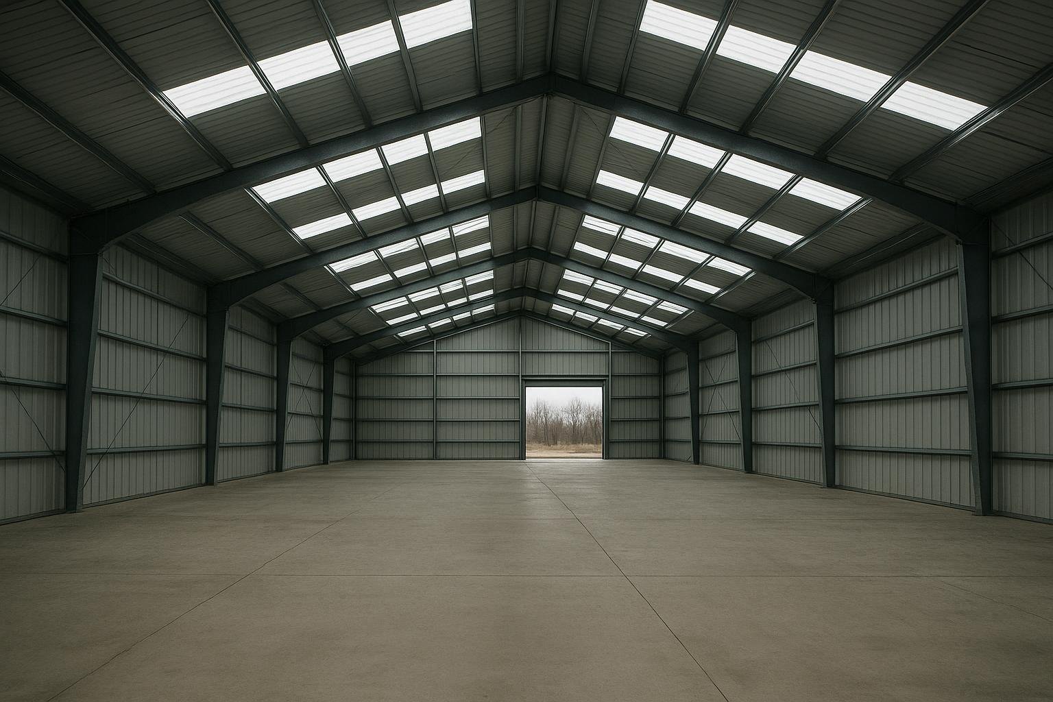 Interior of a clear-span steel workshop showing rigid frame bents, purlins, and open floor space