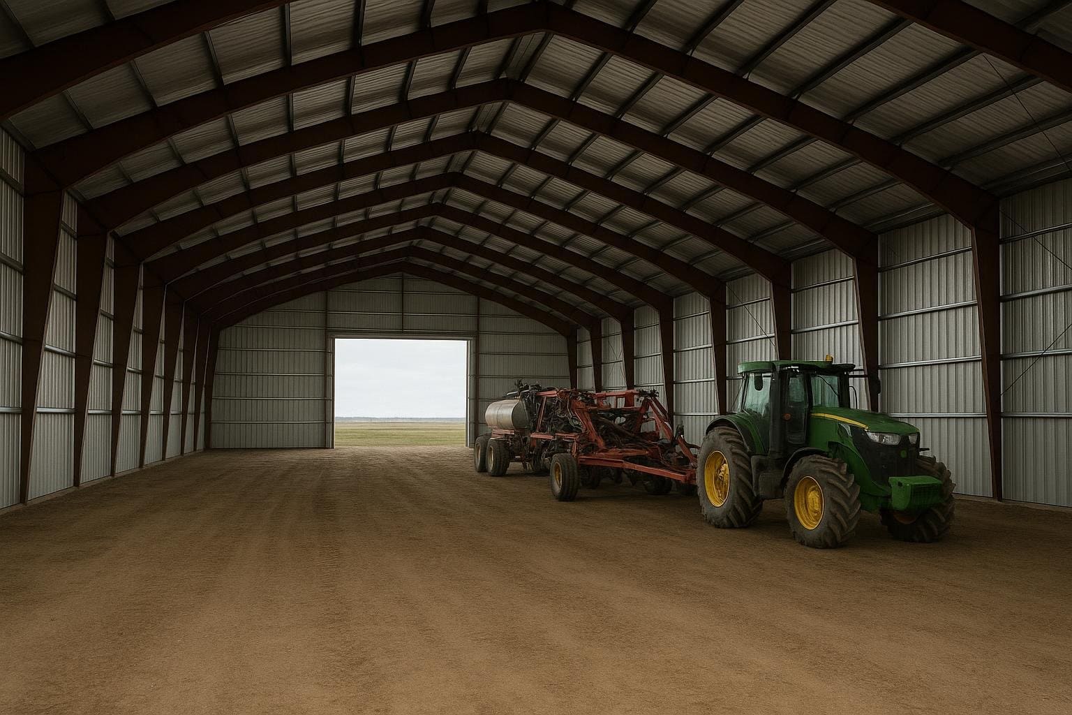 Clear-span interior of agricultural steel storage building with open floor space
