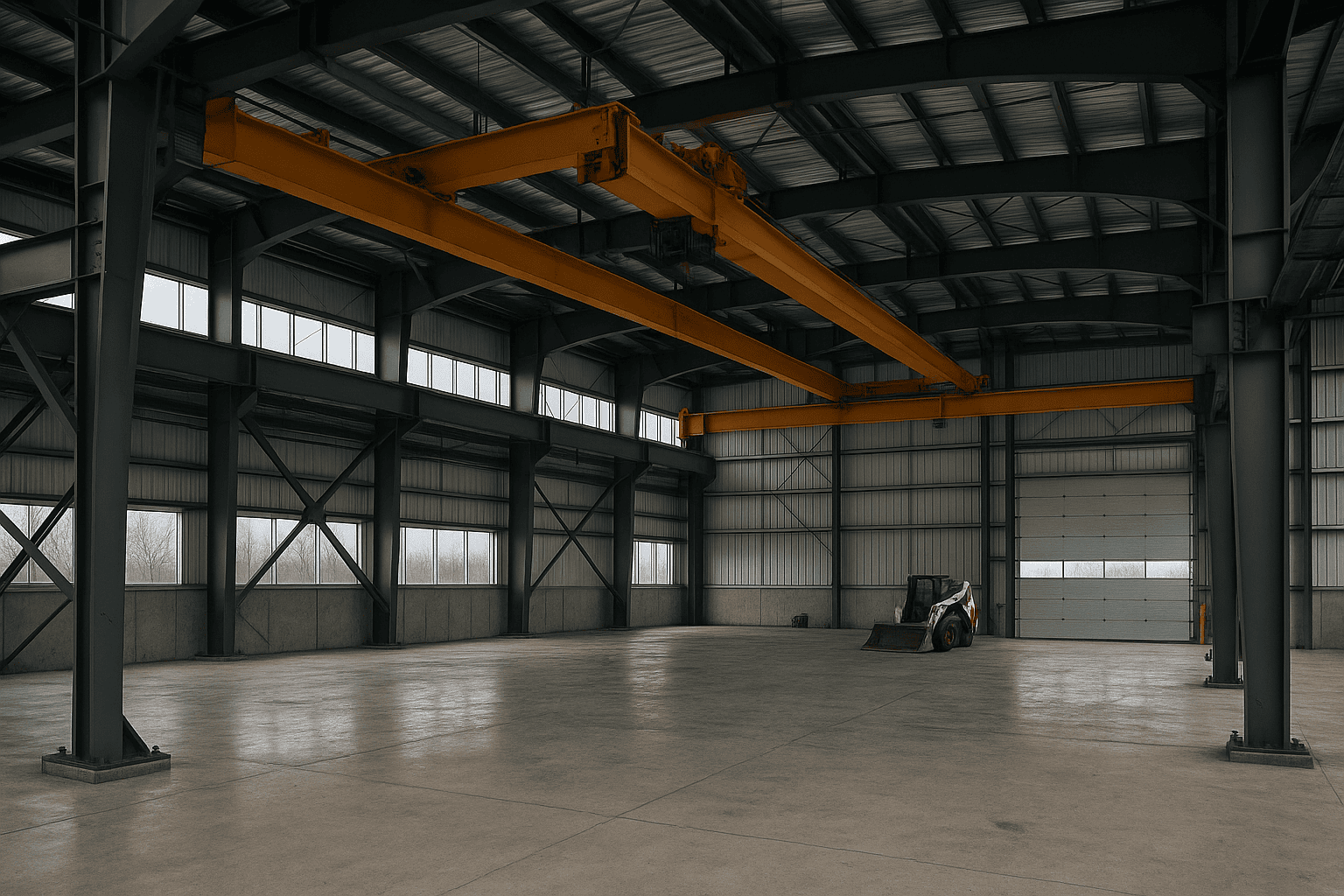 Heavy structural steel building frame with wide-flange columns and crane runway beams inside