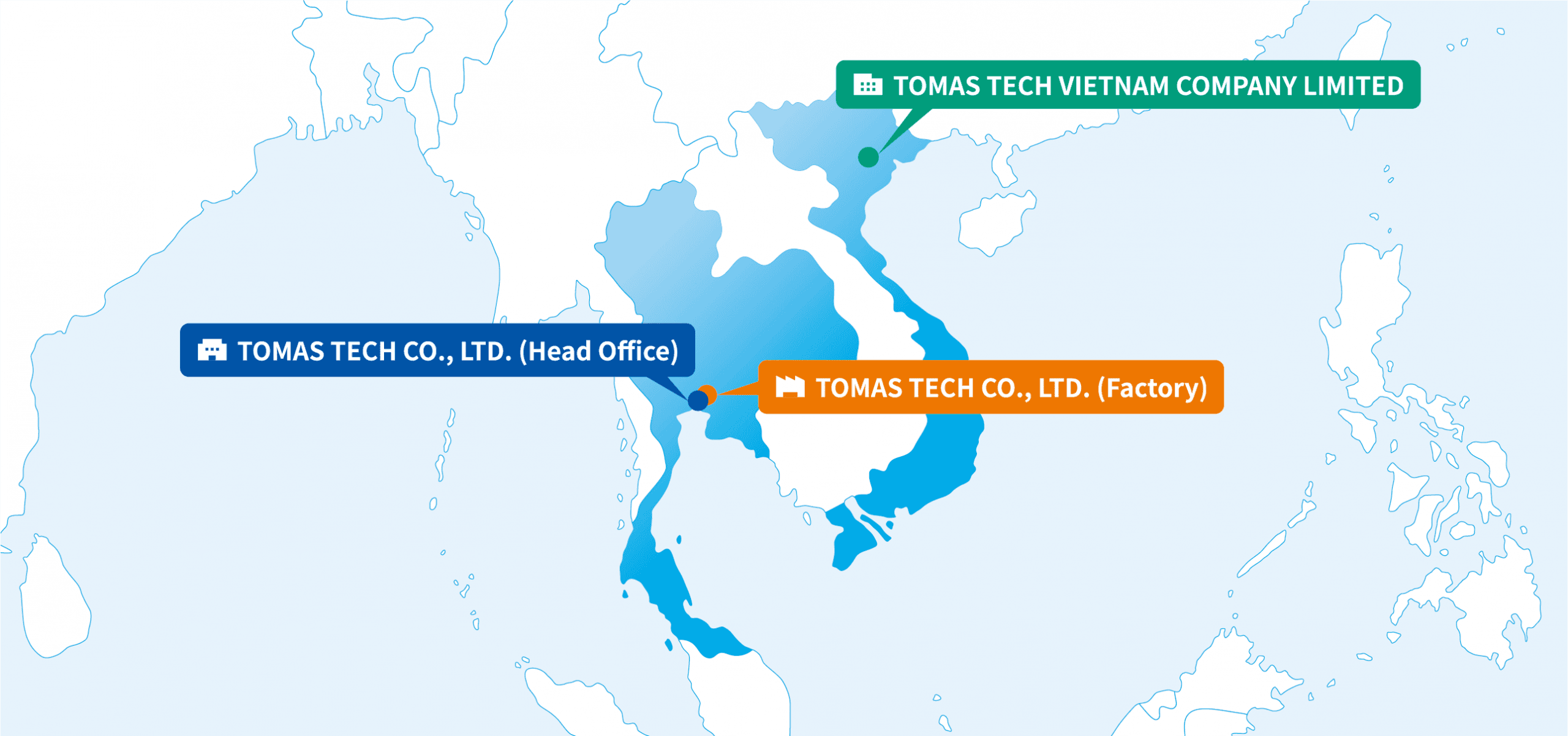 TOMAS TECH 拠点地図（本社・工場・ベトナム）