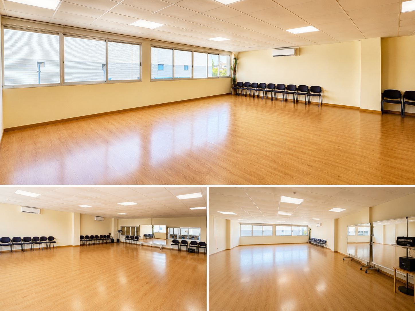 Sala Ilumina, estudio de 110 m² con suelo de madera y luz natural