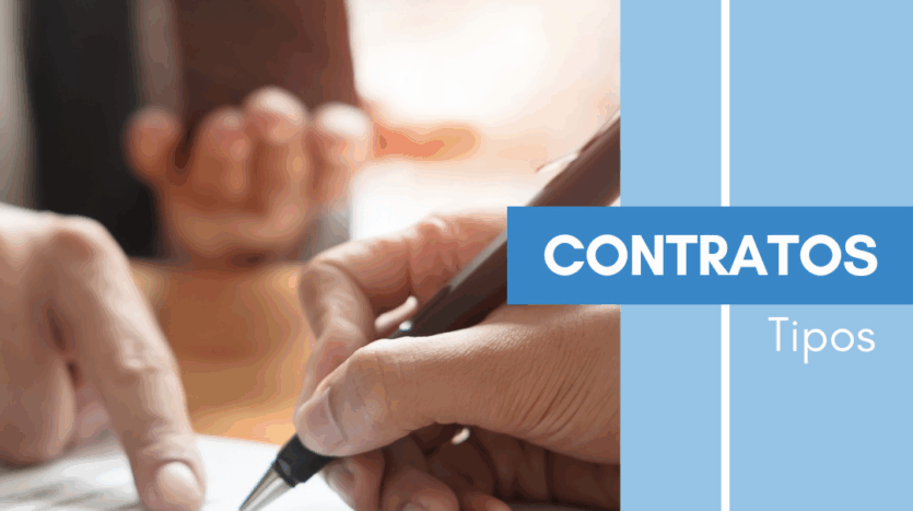 Texto sobre fondo azul e imagen de la firma de un contrato