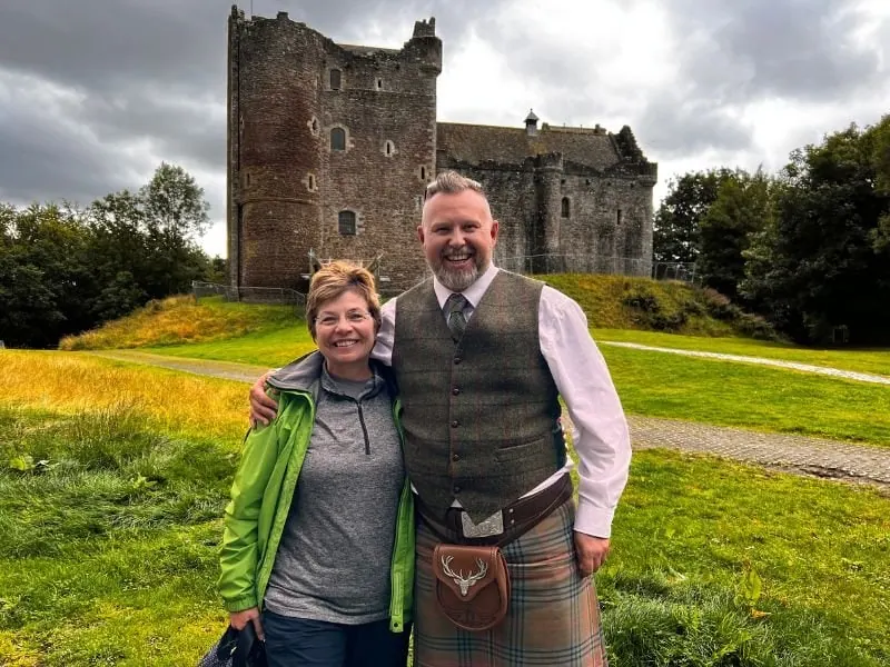 Tour guide scotland at doune castle on one of our Outlander tours with an american client.