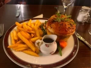 Steak Pie & Chips at McNabs Restaurant at the Dreadnought Hotel in Calendar during one of our 7 day tours of Scotland at tourguidescotland.com