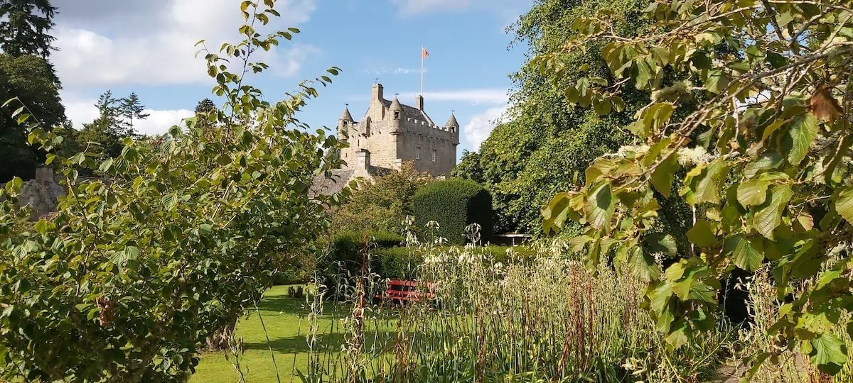 flowers from cawdor castle gardens looking at cawdor castle through the trees
