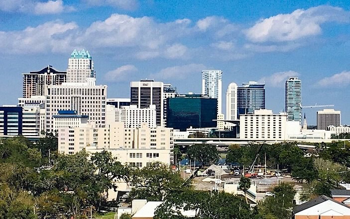 Downtown Orlando skyline at dusk near Lake Eola Park