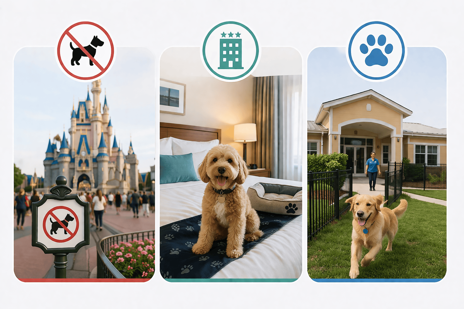 Disney World dog policy infographic showing no pets allowed in theme parks, pet-friendly hotels nearby, and boarding options