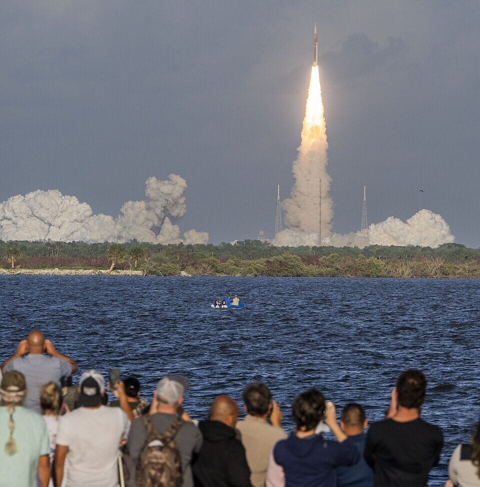 Artemis launch viewed from Max Brewer Bridge in Titusville
