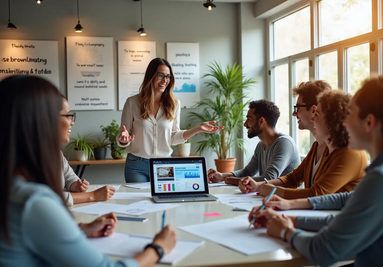 Public relations team collaborating in a bright modern office
