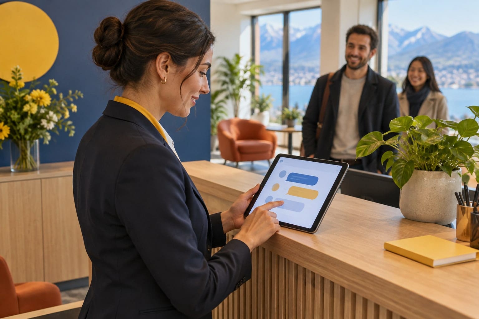 Une responsable teste une interface de conversation sur tablette.