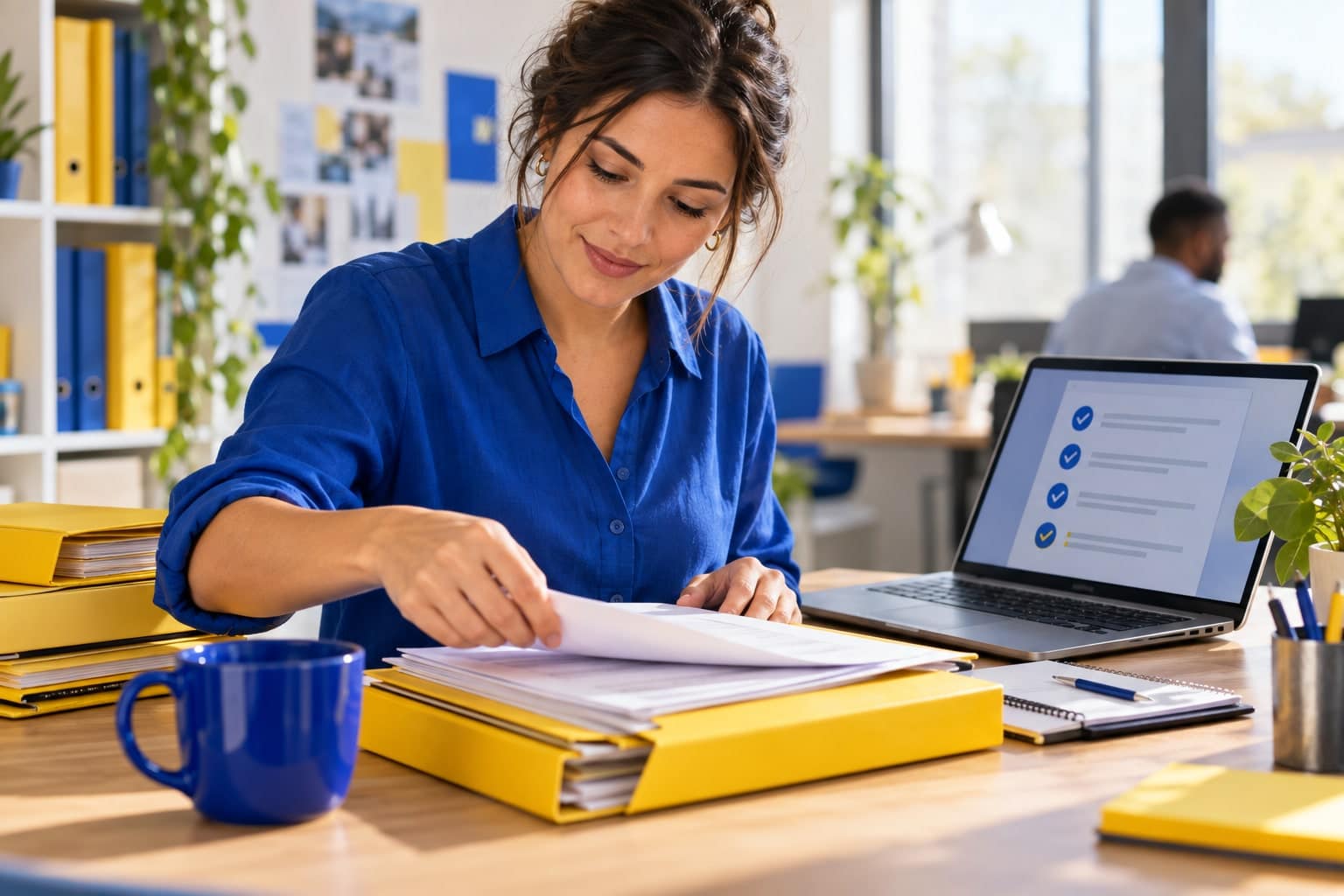 Une assistante organise ses documents avec un ordinateur.
