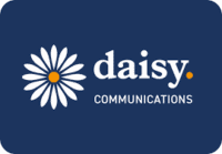 Daisy Communications logo featuring a white daisy flower with a yellow centre on a dark blue background, alongside the text “daisy communications.