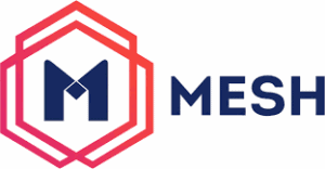 Mesh Security logo featuring a stylised “M” inside a hexagonal red geometric frame, with the word “MESH” in dark blue to the right. Caption: