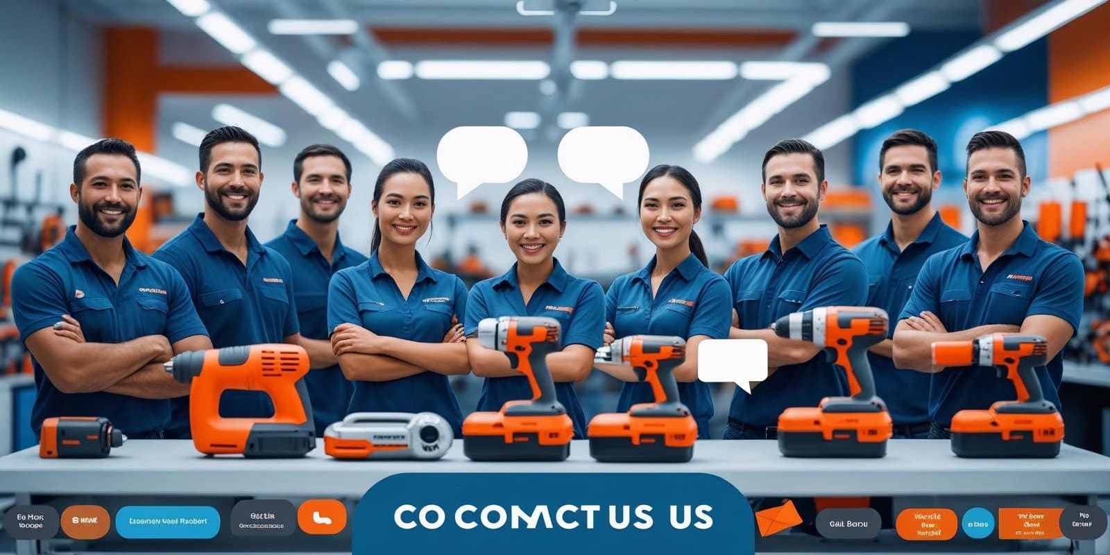 A high-resolution professional banner for a hardware tools website’s ‘Contact Us’ page. Show a friendly, diverse team of technicians and customer support staff in clean work uniforms standing