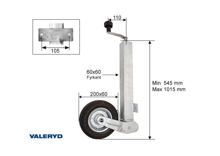 VALERYD potporni kotač 60mm kvadratna cijev/čelična felga/puna guma 200x60mm 200kg 6659017