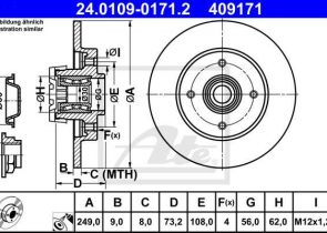 ATE disk ploča PEUGEOT 24.0109-0171.2 zadnja, p-308 2.0hdi 07 -> alu.felga d249/9 sa ležajem