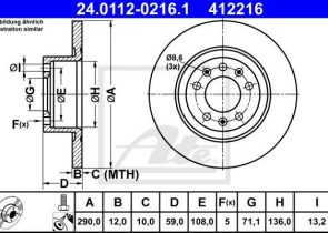 ATE disk ploča PEUGEOT 24.0112-0216.1 zadnja, 508 sw 2.0 bluehdi 180 14->, d290/12