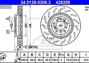 ATE disk ploča BMW 24.0128-0208.2 prednja lijeva, bmw m3 00->, d345/28