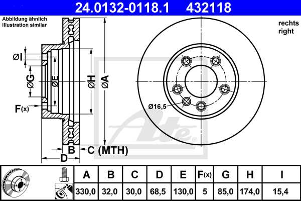 ATE disk ploča VW 24.0132-0118.1 prednja desna, touareg 3.0 v6 tdi 04 ->, d330/32
