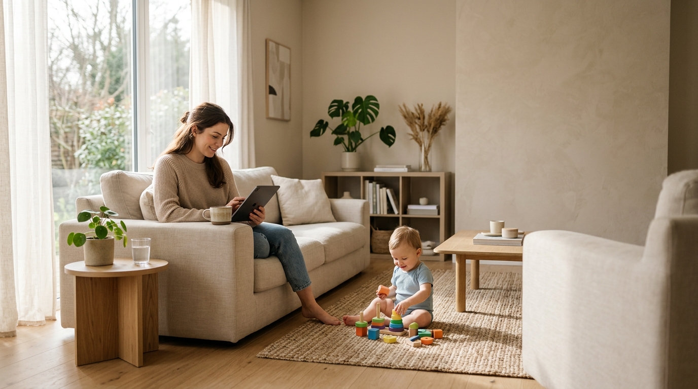 wholesome mom Mother and toddler in cozy living room