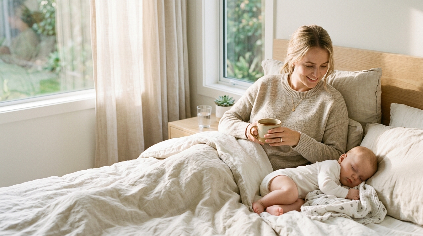 Mother holding tea while baby sleeps peacefully