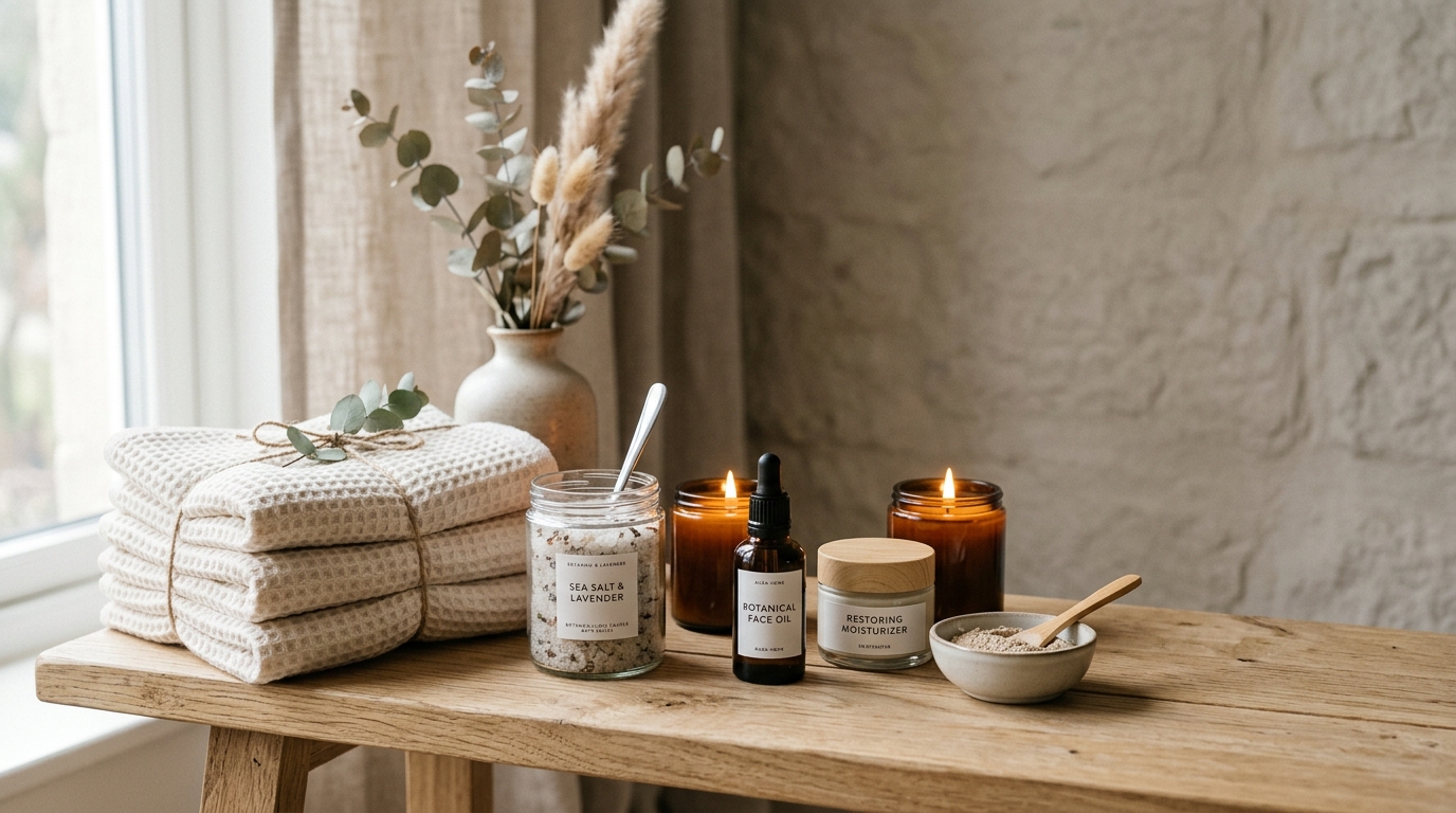 Spa setup with candles for self care