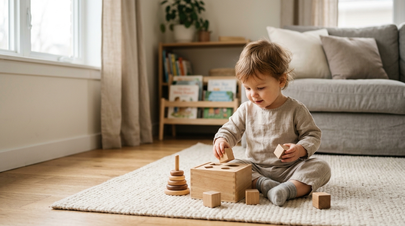 Toddler playing with wooden Montessori toys