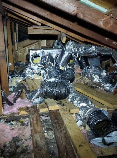 Oklahoma City wildlife removal damage showing destroyed attic insulation from animals
