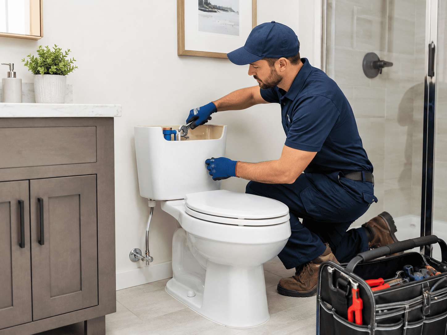Professional plumber repairing a toilet in San Antonio, TX
