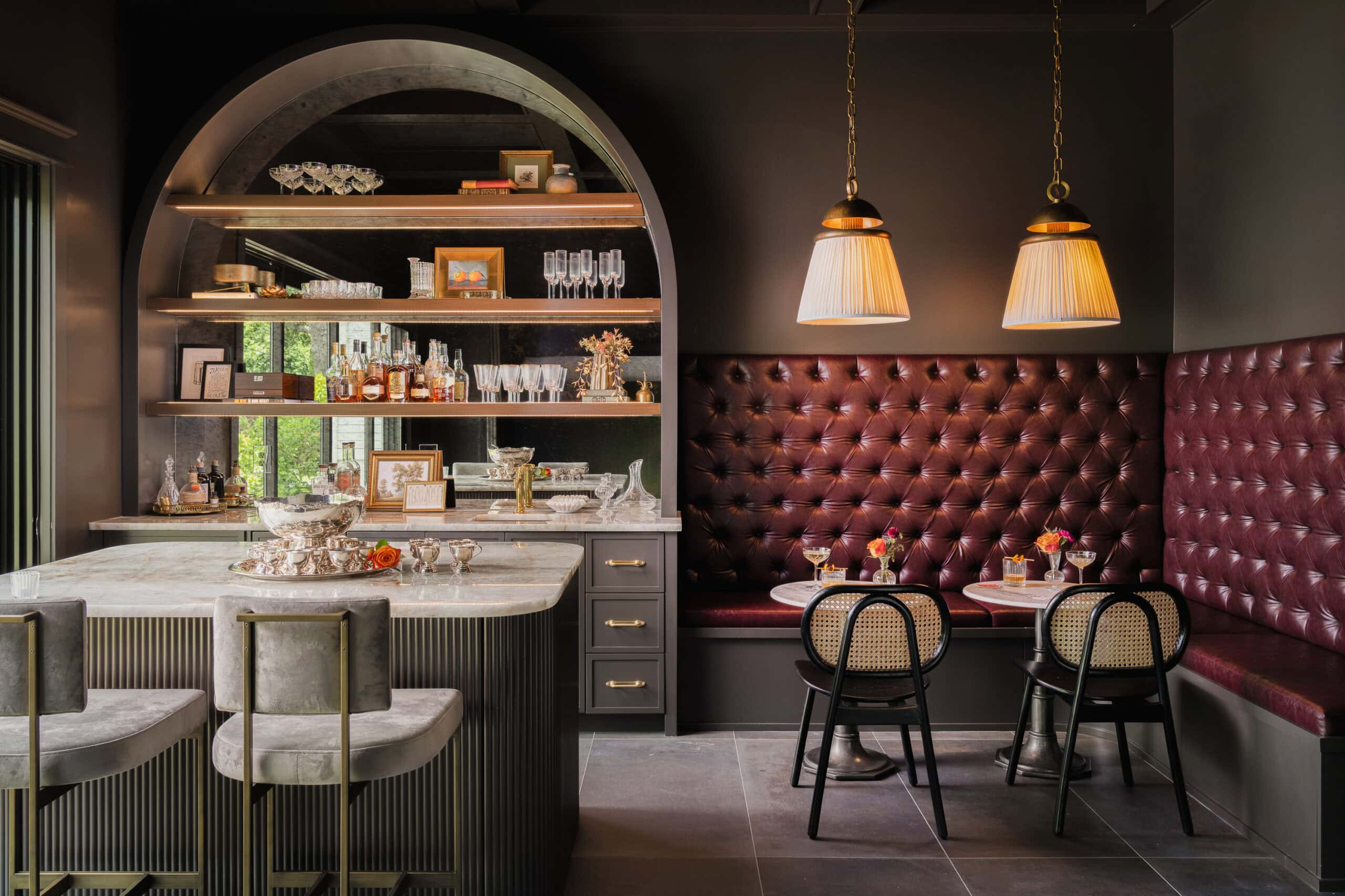 Bar and tufted leather banquette