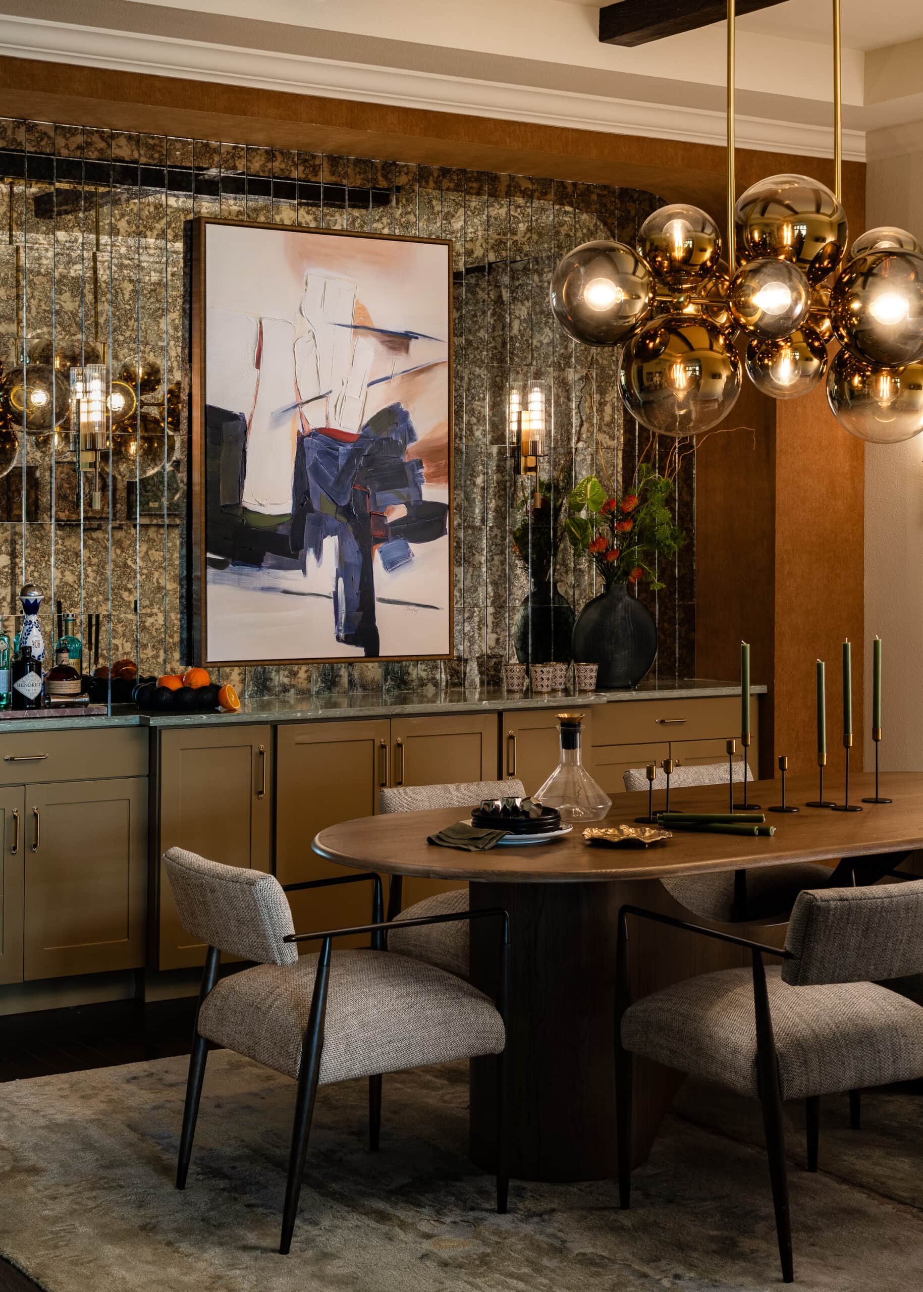 Bar with brass hardware and a large abstract painting