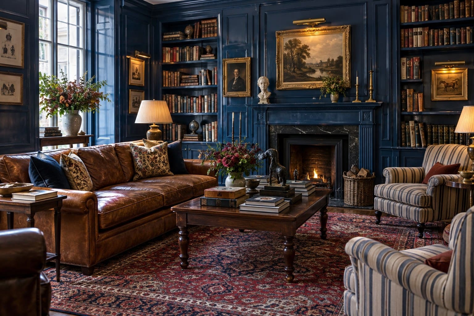 Traditional library with glossy cobalt paneling, a leather sofa, striped armchairs and a lit fireplace