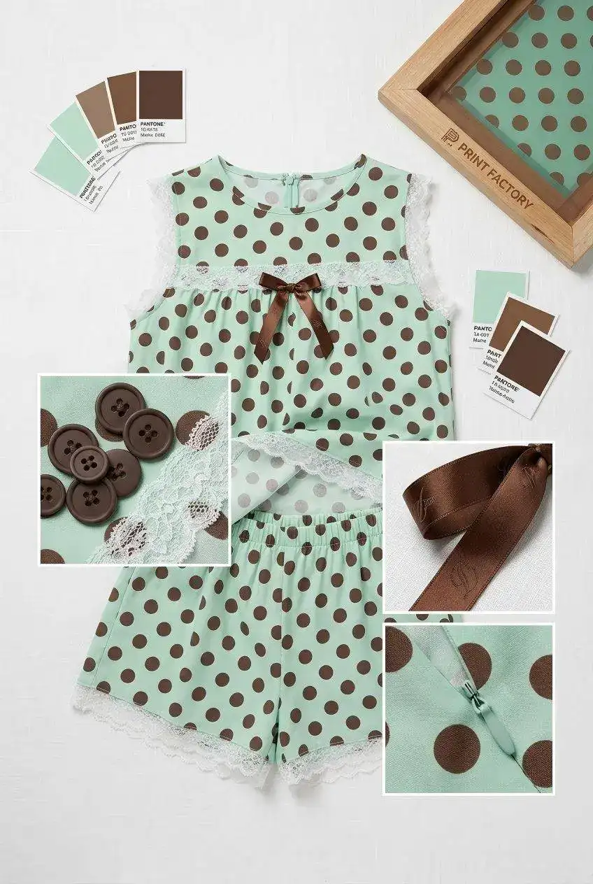 Girls' mint green and brown polka dot pajama set with lace trim and satin bow. Sleeveless top and shorts two-piece set with back zipper closure. Close-up details show buttons, ribbon, and fabric texture.