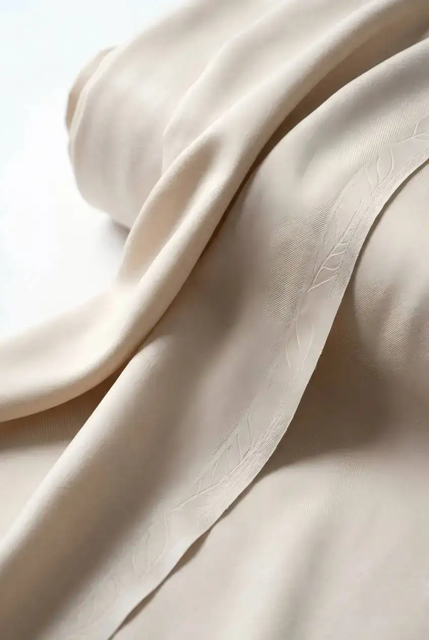 Ivory silk fabric close-up showing soft drape and subtle leaf jacquard pattern. Smooth luxury textile with delicate botanical embossed detail, ideal for elegant apparel and home decor.
