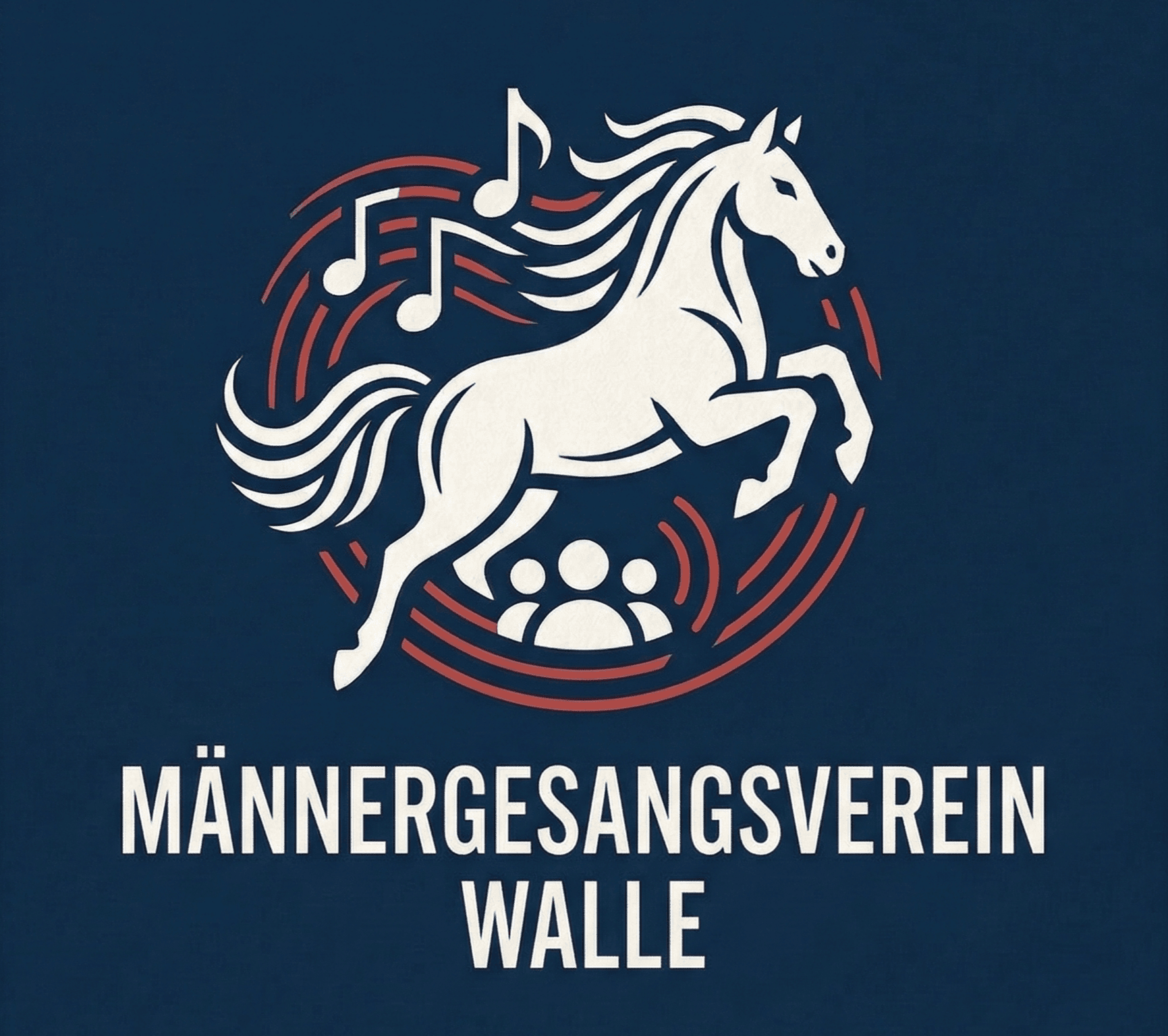 Logo des Männergesangsverein, welches die Verbundenheit zu Niedersachsen  und die Musik durch das Pferd sowie die Musiknoten und -Linien widerspiegelt.