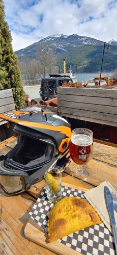 beer and helmet at Angry Hen Brewing in Kaslo BC beer and helmet at Angry Hen Brewing in Kaslo BC