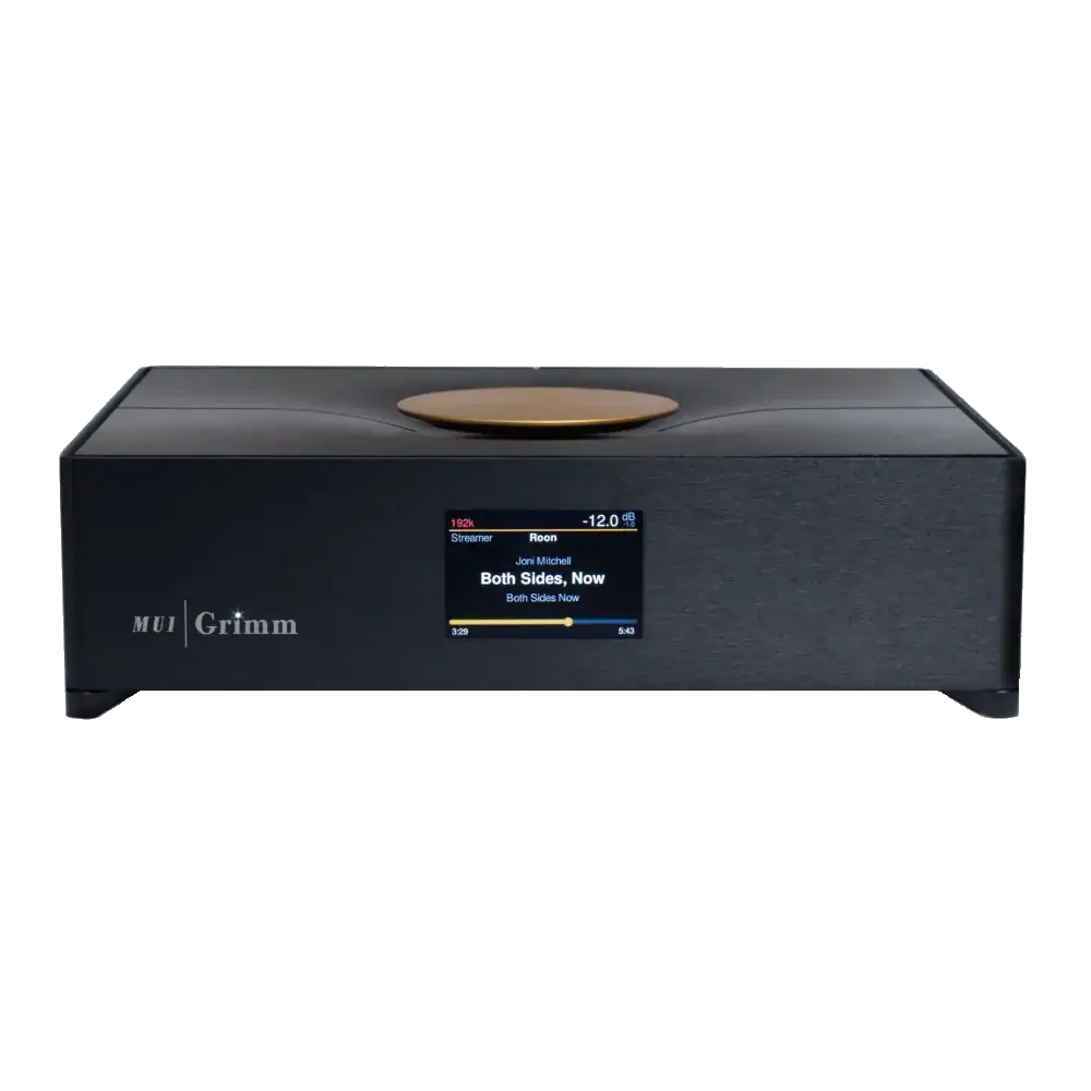 Lecteur réseau et upsampler Grimm Audio Mu1 vu de face dans son boitier métal irisé, son gros bouton uniquement de volume et de contrôle de couleur cuivrée sur le dessus et son écran couleur en face avant indiquant "Both Sides, Now" qui est le morceau musical en cours de lecture