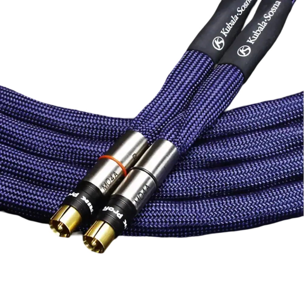 Câbles de modulation RCA Kubala Sosna de la gamme Emotion avec ses gaines bleues caractéristique de cette ligne de produit avec deux connecteurs RCA, gauche (liseré noir) et droit (liseré rouge), mis en exergue