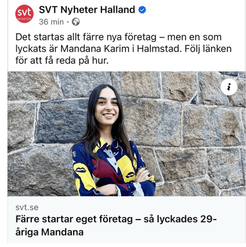 En artikel från SVT Nyheter Halland som handlar om Mandana som är en ung kvinna som startar 21 Marketing