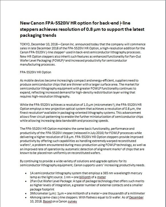 Canon innovation press release example