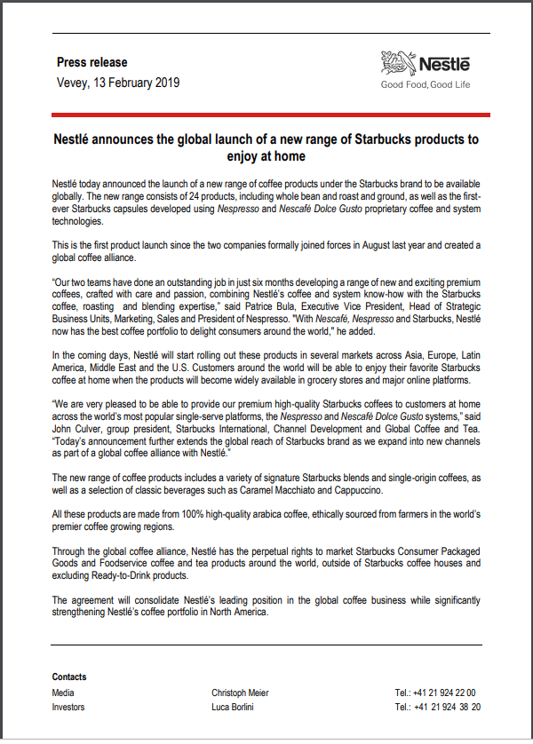 Nestlé product launch press release example