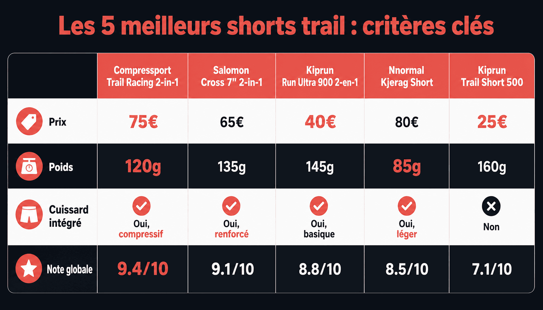 Comparatif des meilleur short trail homme : prix, poids, cuissard et note