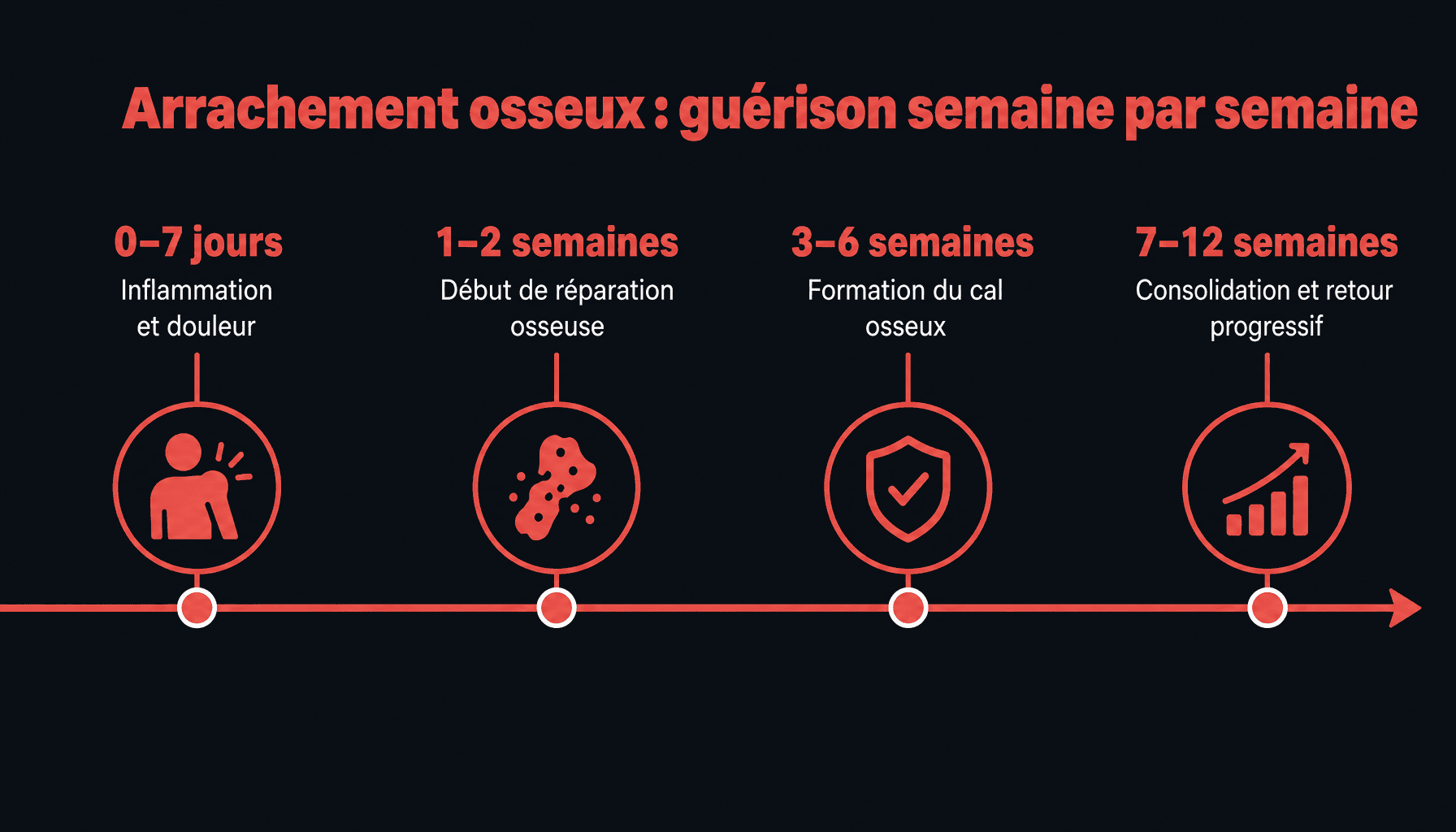 Timeline de guérison d'un arrachement osseux sur 12 semaines avec étapes clés et reprises progressives