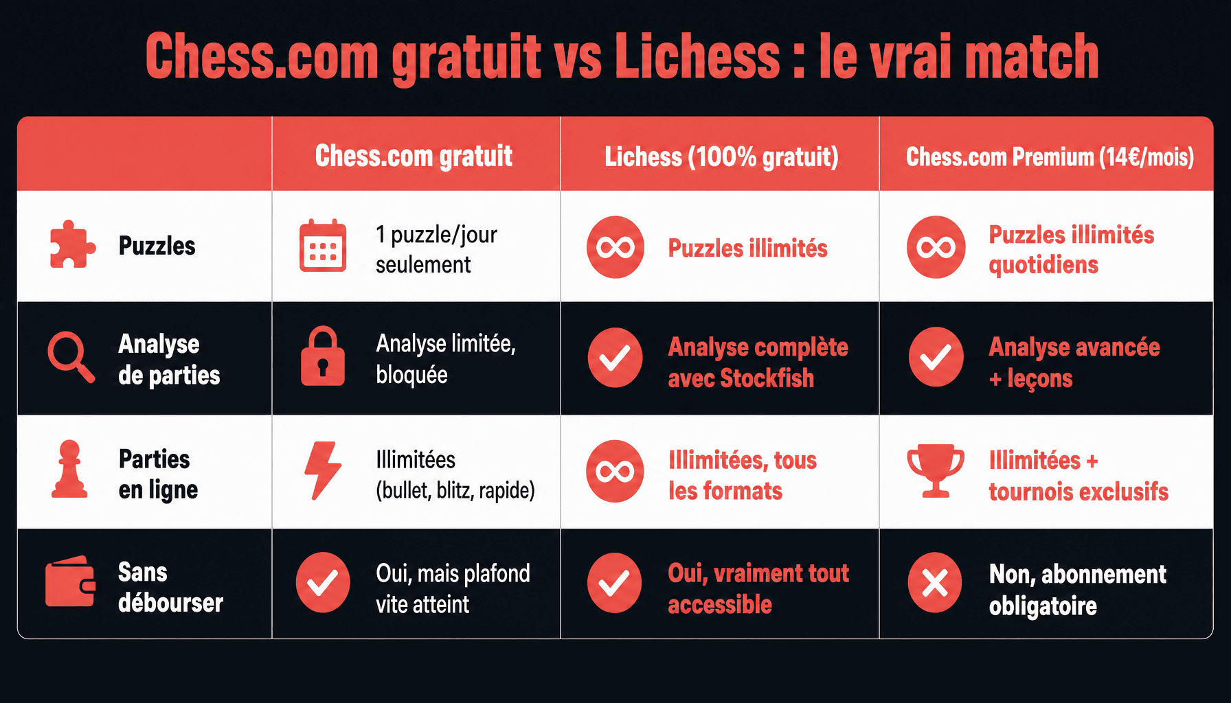 Comparaison chess.com gratuit et Lichess : fonctionnalités, puzzles, analyse de parties